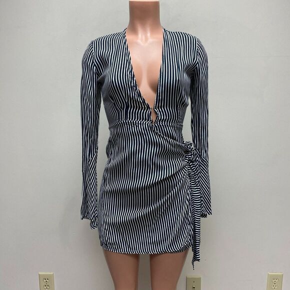 Faithfull the Brand Dresses & Skirts - Faithfull Womens Navy Blue White Stripe Long Sleeve Tie High V-Neck Wrap Dress 2